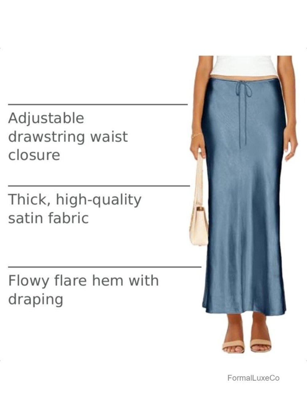 Women Satin Silk Maxi Skirt Drawstring A-Line Long Flowy Casual - Picture 3 of 6